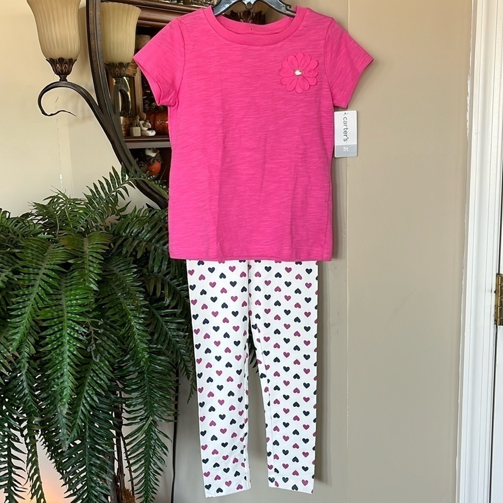 Brand New Carter’s Pink Flower Short Sleeve Top & Sparkly Glitter Heart Leggings